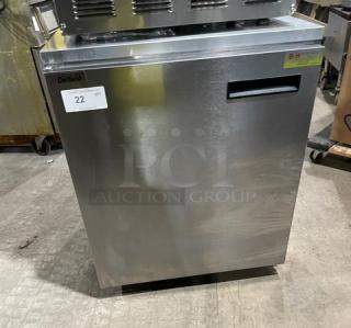 Delfield stainless steel undercounter refrigerator, model 406CADHLDD1, Energy Star certified, with poly coated rack, on casters.