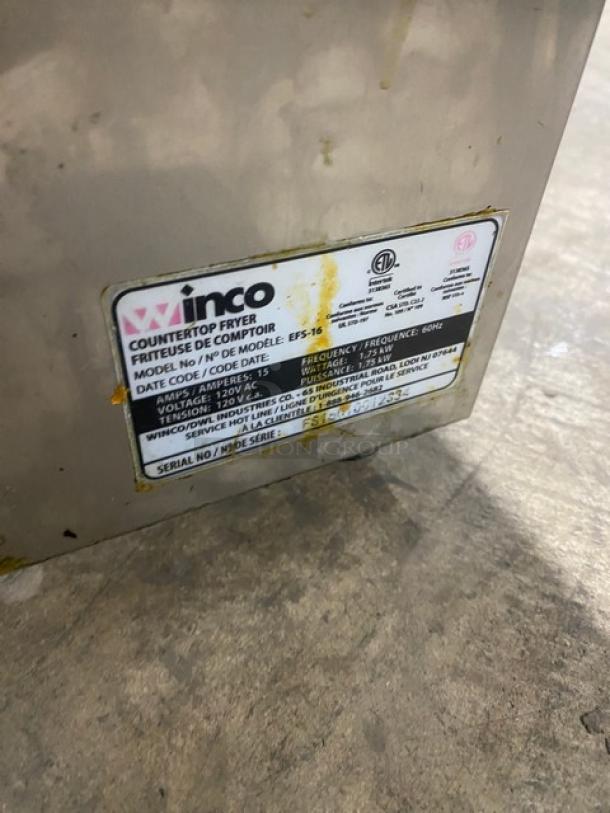 Winco EFS-16 stainless steel countertop fryer, model EFS-16, SN FS16010-012334, with lid and fry basket, 120V, used condition.