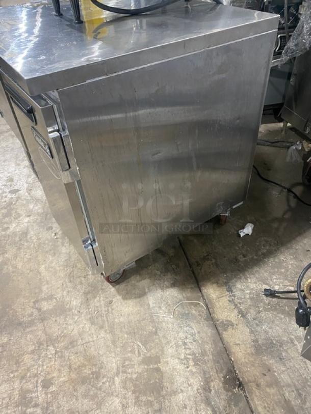 Leader LB36SC stainless steel worktop lowboy refrigerator, 36", 1-1/2 door, on casters, includes poly coated wire rack.