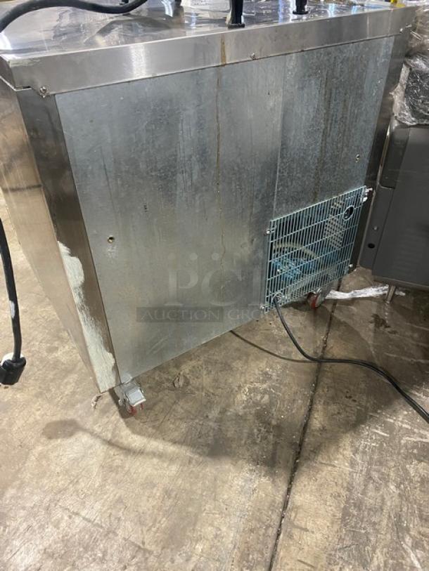 Leader LB36SC commercial stainless steel 1-1/2 door refrigerated worktop, model LB36 S/C, on casters, fair condition.