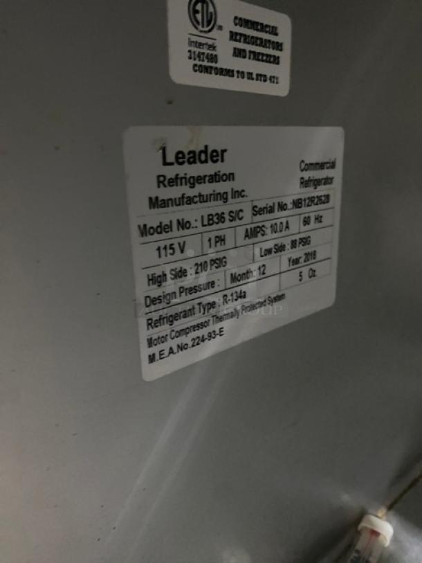 Leader LB36SC commercial stainless steel 1-1/2 door refrigerated worktop. 2018 model, 115V, 1 phase, on casters.