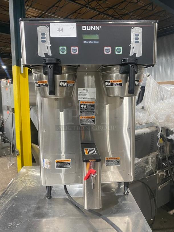 Bunn ThermoFresh Series Dual Coffee Brewer, Model DUALTFDBC, stainless steel, with hot water dispenser, digital control, on legs.
