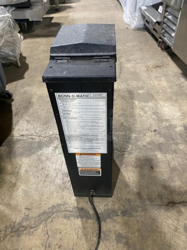 Bunn G3 HD commercial black electric coffee grinder, 3 lb capacity, 120V, 1 Phase, visible label with model info and warnings.