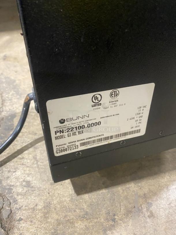 Bunn G3HD commercial coffee grinder, black, electric-powered, 3 lb capacity. Model and serial number on visible label. 120V, 1 phase.