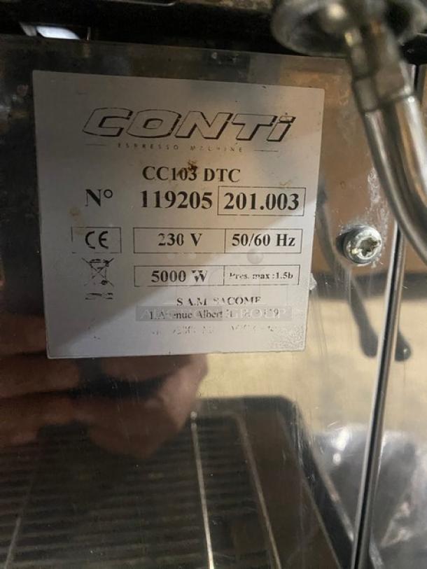 Conti CC103DTC espresso machine label, serial 119205. 230V, 5000W. Features steam wand, drip tray. CE certified.