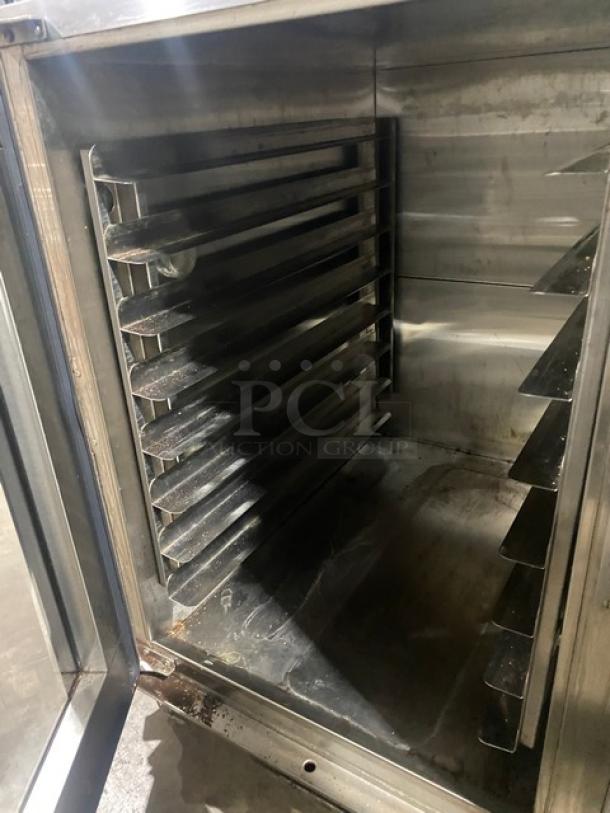 Moffat Turbofan P8M stainless steel heated holding cabinet, 8-pan capacity, built-in pan slide, on casters, 110-120V.