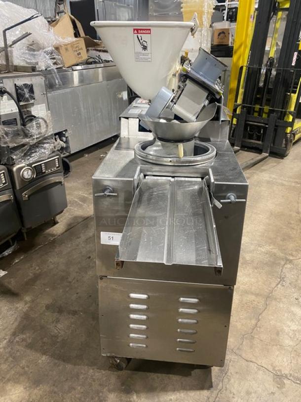 Atwood Scale-O-Matic S300 stainless steel dough divider/rounder with conveyor and casters, 208V, 3 phase, model and serial labels visible.