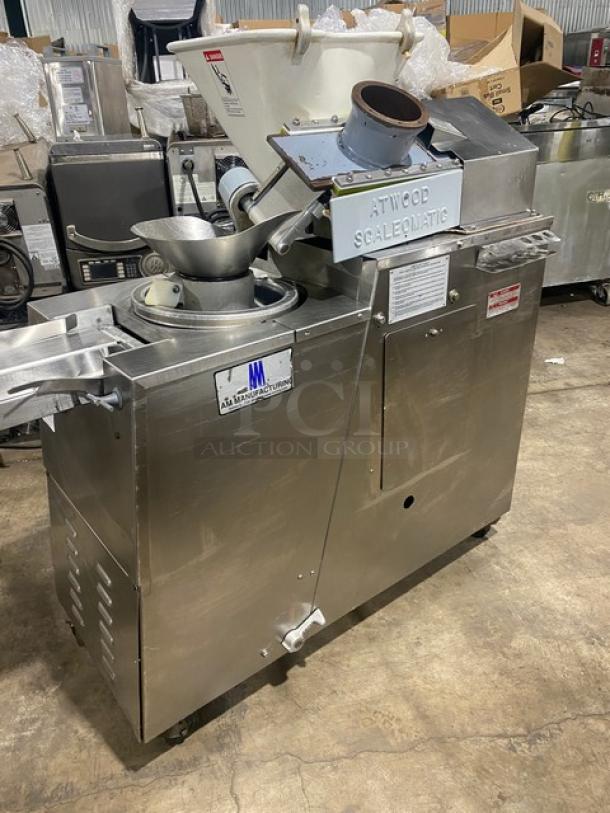 Atwood Scale-O-Matic S300 commercial stainless steel dough divider/rounder with conveyor outfeed, on casters, 208V 3-phase.