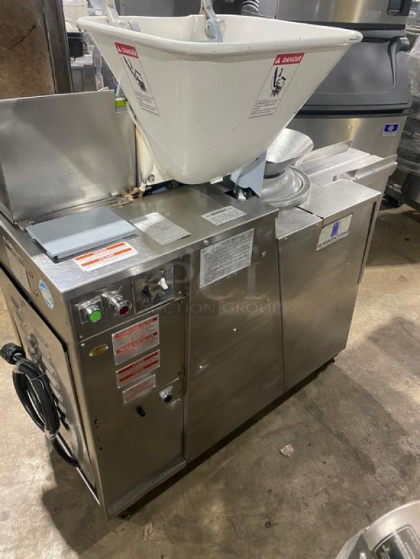 Atwood Scale-O-Matic S300 commercial stainless steel electric dough divider/rounder with conveyor outfeed, on casters, 208V 3-phase.