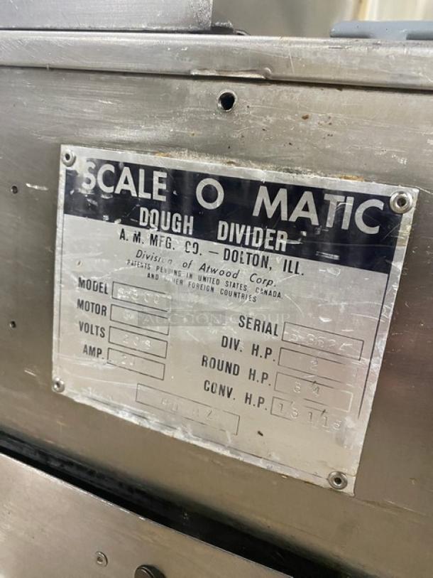Atwood Scale-O-Matic S300 dough divider/rounder, stainless steel, electric, 208V, 3 phase, with conveyor outfeed, on casters.