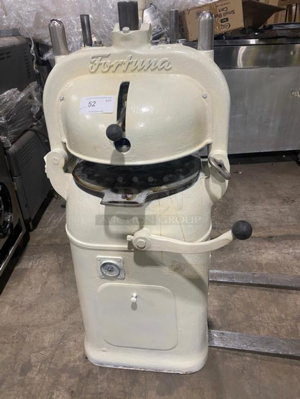Edmund Schroder Fortuna dough divider/rounder machine with rounding plate, semi-automatic, 208V, commercial floor model.