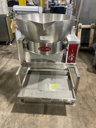 Solaris stainless steel electric 16 gal. tilting skillet, model ECTRS16, on stand. Manual tilt, 208V 3-phase, on legs.
