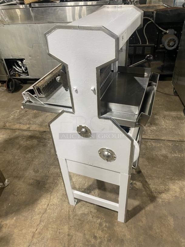 Oliver Safety-Slicer Series commercial bread slicer, white, electric, stainless steel worktop, SN: 86430, on legs.