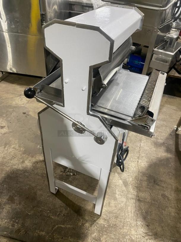 Oliver Safety-Slicer commercial bread slicing machine, white, electric, with stainless steel worktop, on legs, SN: 86430.