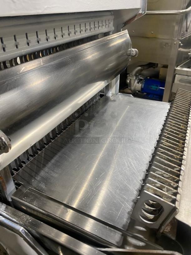 Oliver Safety-Slicer Series commercial bread slicing machine with stainless steel worktop, SN: 86430, on legs.