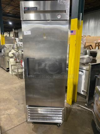 True T-23F Commercial Stainless Steel Single Door Freezer, Energy Star Certified, with Poly Coated Wired Rack, on Casters.