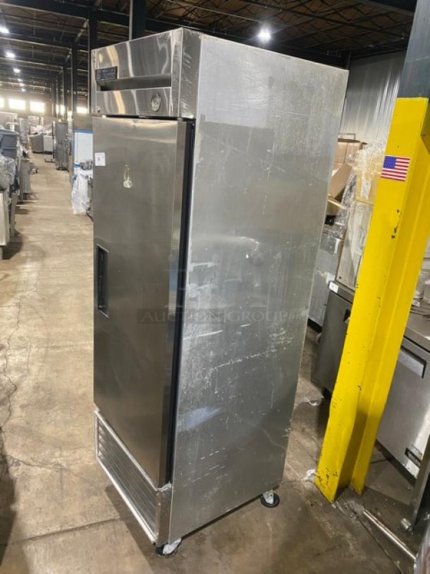True T-23F reach-in freezer, single solid door, stainless steel exterior, Energy Star certified, on casters, poly-coated rack.