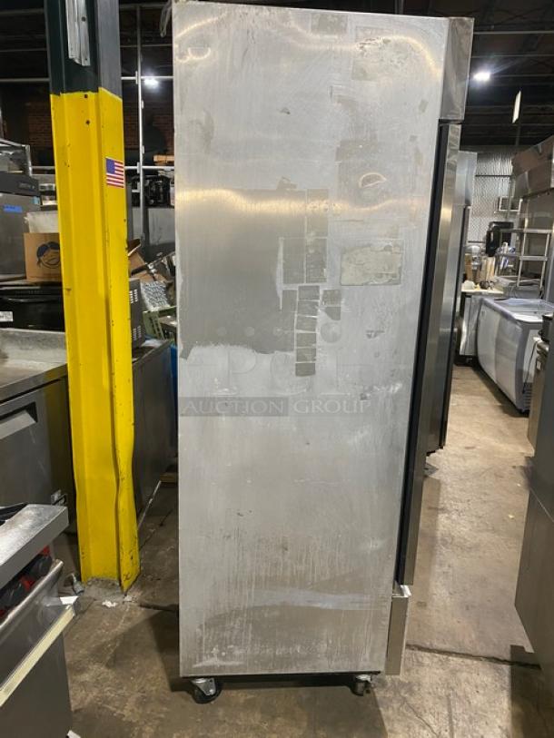 True T-23F commercial stainless steel reach-in freezer, single door, on casters, Energy Star certified, with poly coated wired rack.