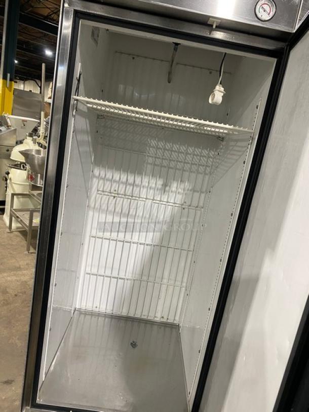 True T-23F commercial stainless steel single door reach-in freezer, Energy Star certified, poly coated rack, on casters.