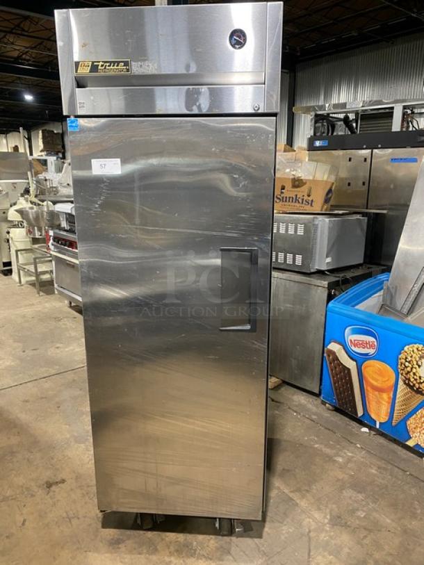 True TG1R-1S stainless steel reach-in refrigerator, single door, Energy Star certified, poly-coated rack, on casters.
