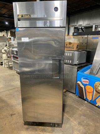 True TG1R-1S stainless steel reach-in refrigerator, single door, Energy Star certified, poly-coated rack, on casters.