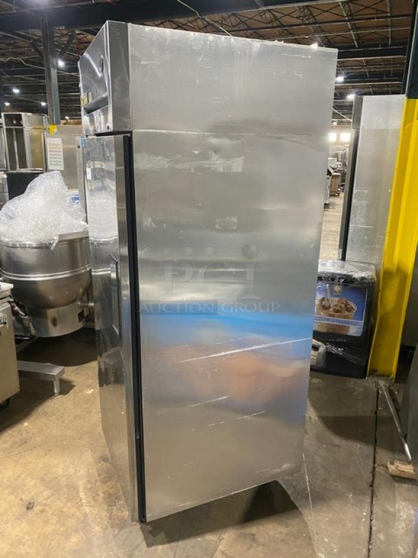 True TG1R-1S stainless steel single door reach-in refrigerator on casters, Energy Star certified, with poly-coated wired rack.