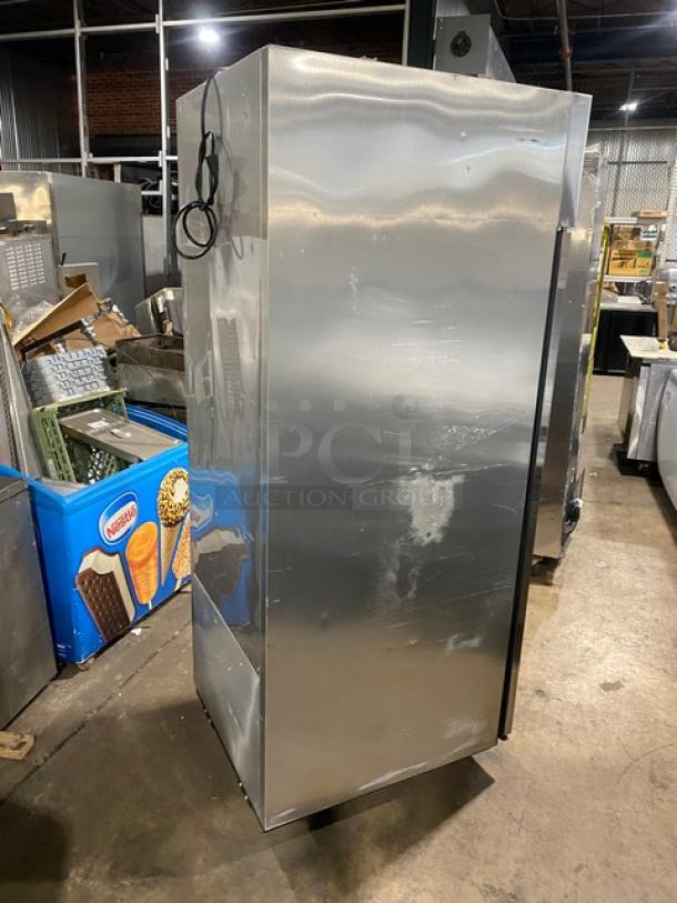 True TG1R-1S stainless steel single door refrigerator on casters. Energy Star certified. Includes poly-coated wired rack.