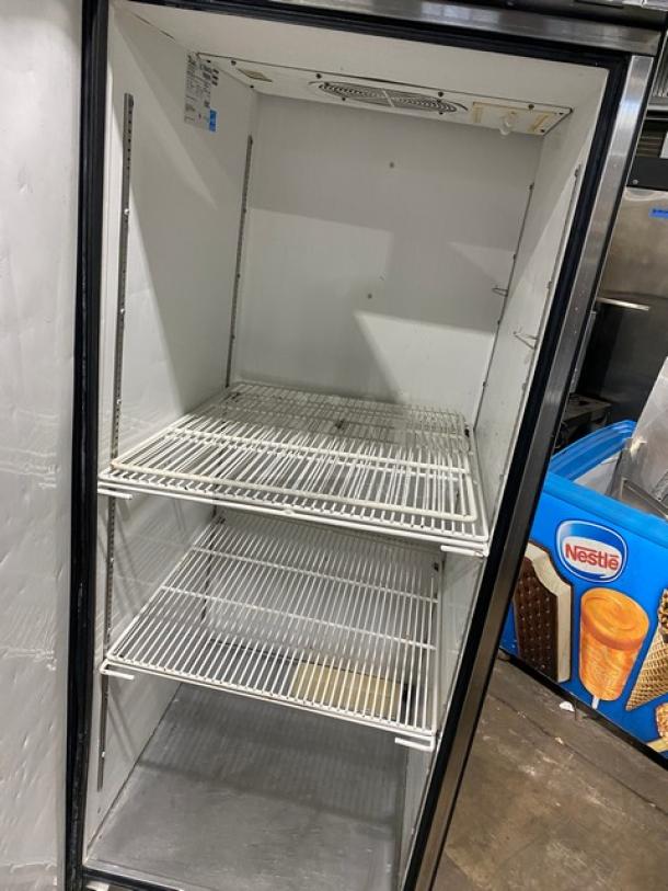 True TG1R-1S stainless steel single door reach-in refrigerator on casters, Energy Star certified, with poly-coated wire racks.