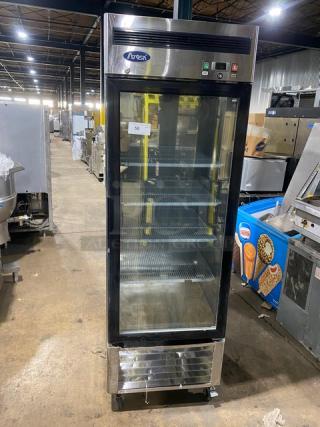 Atosa B-Series MCF8701 single glass door freezer, stainless steel, bottom-mount, poly coated rack, on casters.