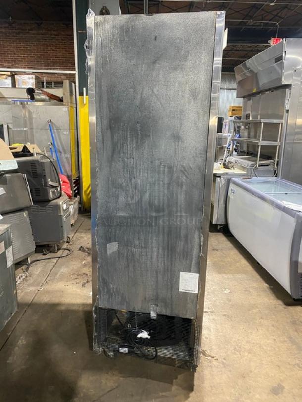Atosa B-Series stainless steel merchandiser freezer, model MCF8701. Single glass swing door, bottom-mount, on casters, 115V.