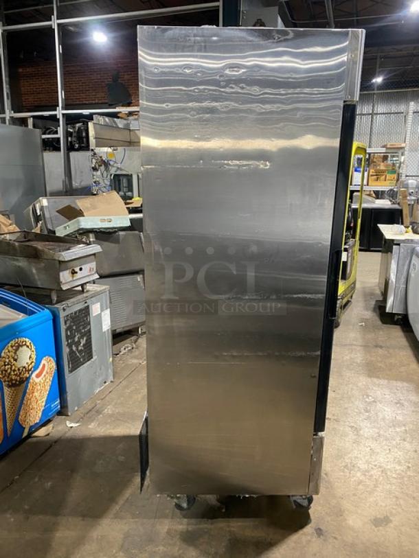 Atosa B-Series stainless steel single glass swing door merchandiser freezer, Model MCF8701, on casters, in good condition.