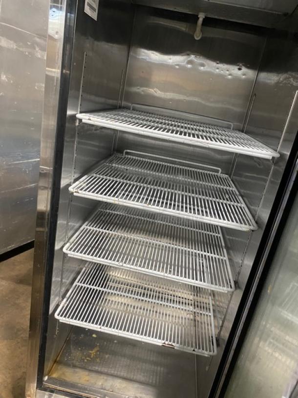 Atosa B-Series stainless steel freezer, model MCF8701. Single glass swing door, poly-coated wire racks, on casters, 115V.