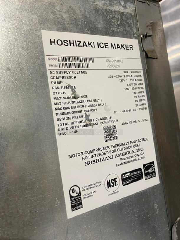 Hoshizaki Ice Machine, Model KM-901MRJ/B-500PF, stainless steel, Energy Star certified, 208-230V, detailed spec label attached.