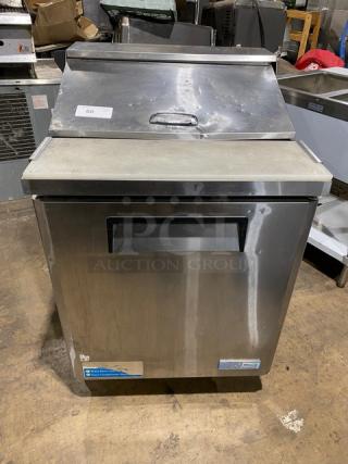 Turbo Air MST-28 stainless steel refrigerated prep table with cutting board, on casters, in used condition.