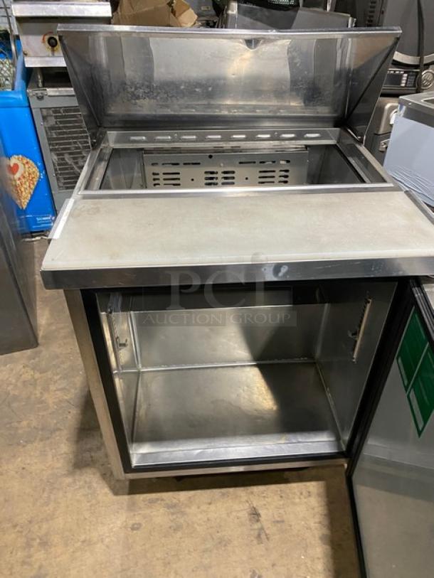 Turbo Air M3 Series MST-28 stainless steel refrigerated prep table with cutting board, 115V, on casters, in used condition.