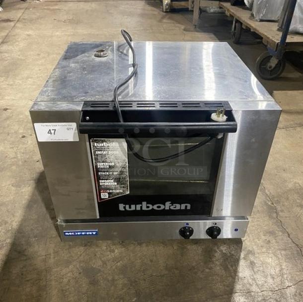 Moffat Turbofan E22M3 stainless steel countertop convection oven, electric powered, with wired rack, model E22M3, 115V.