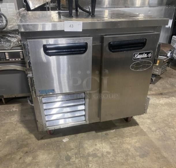 Leader LB36SC commercial stainless steel 1-1/2 door worktop refrigerator, model LB36 S/C, with poly coated rack, on casters.