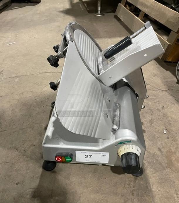 Commercial electric countertop deli meat slicer, model 26MSC001, 110V, on legs, semi-automatic, with control knobs.