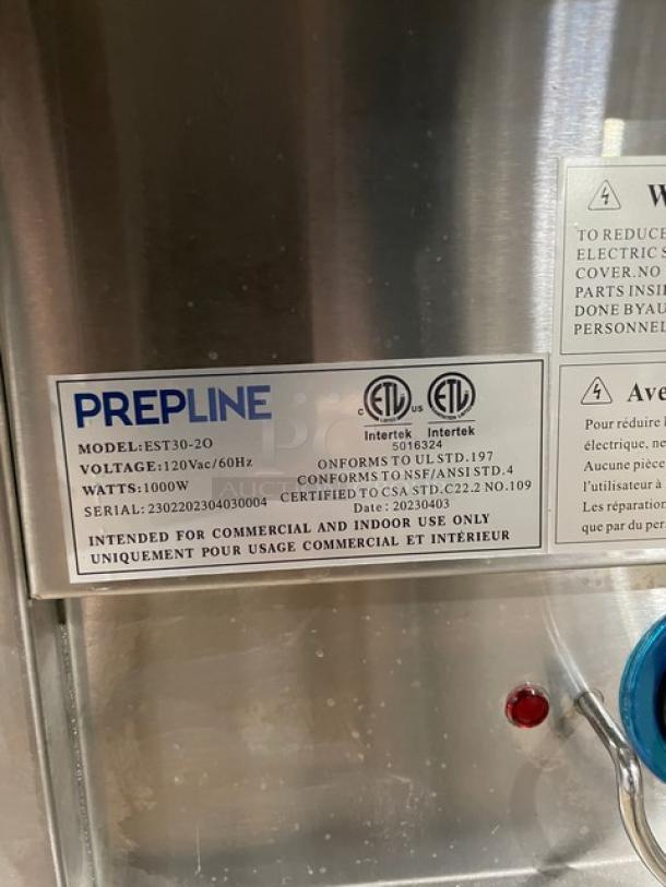 Prepline EST30-2O stainless steel 2-well steam table with cutting board and undershelf, 120V, commercial use. Serial 2302202304030004.