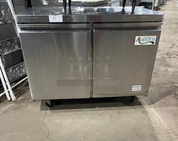 Avantco 178TUC48R commercial stainless steel 2-door undercounter refrigerator on casters, includes poly-coated wire rack.