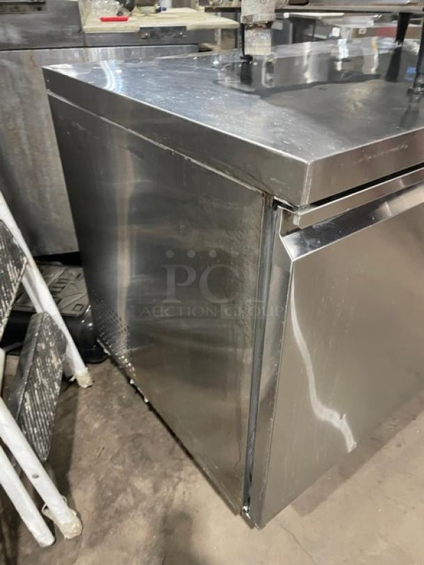 Avantco 178TUC48R commercial stainless steel 2-door undercounter refrigerator, poly-coated rack, on casters, 115V.
