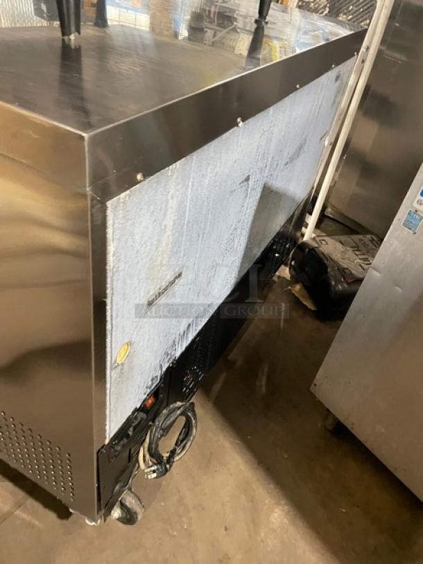 Avantco Commercial Stainless Steel 2-Door Undercounter Refrigerator, Model 178TUC48R, on casters, with poly-coated rack.
