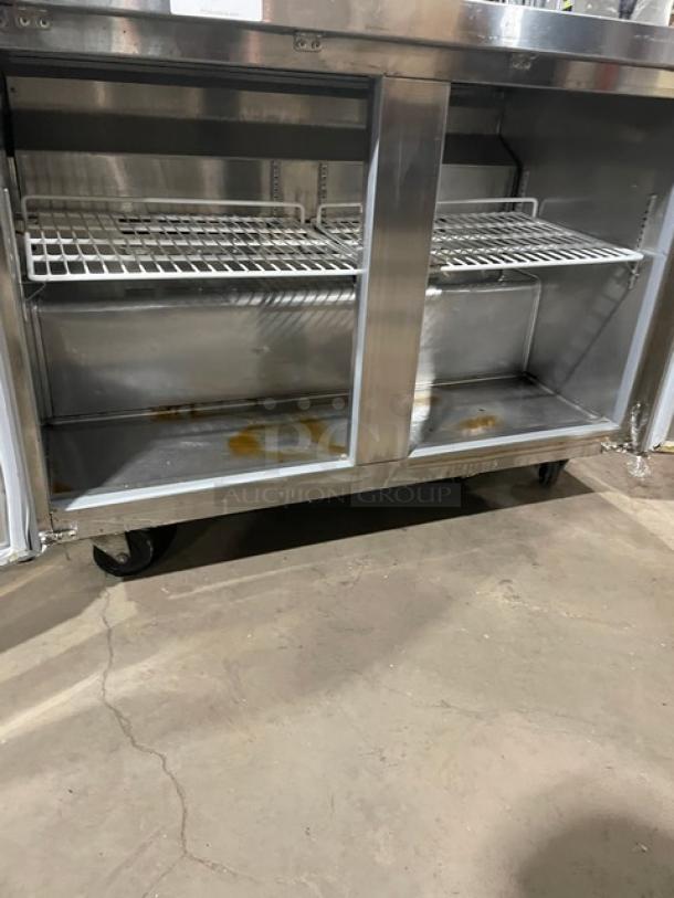 Avantco commercial 2-door undercounter refrigerator, model 178TUC48R, stainless steel, poly coated rack, on casters.