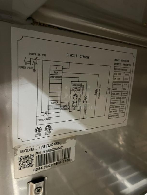 Alt text: Avantco 178TUC48R undercounter refrigerator label showing model, serial number, and circuit diagram.