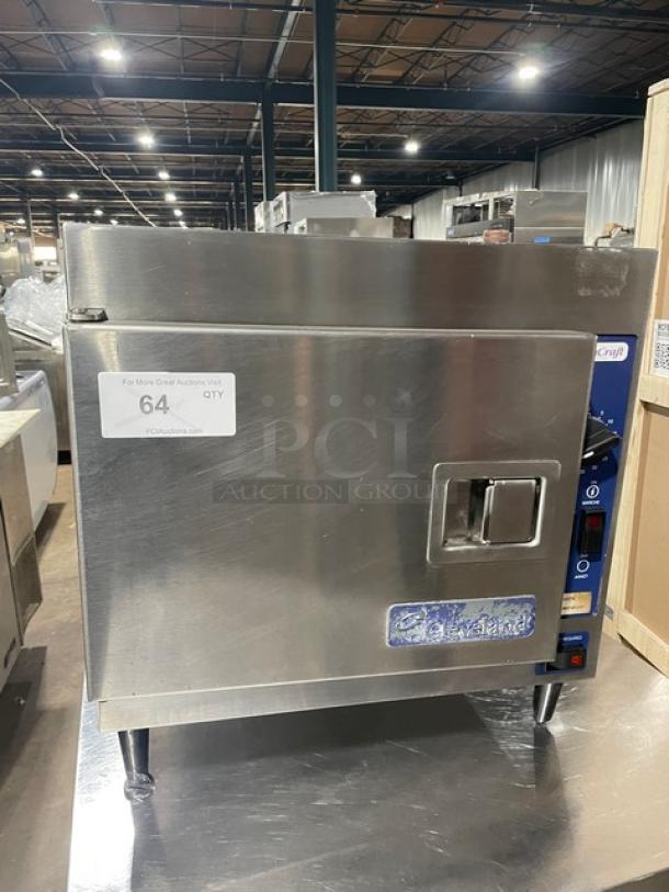 Cleveland Range 21CET8 stainless steel electric convection steamer, 3-pan capacity, with built-in rack, on legs, Model SN: WC03837-07J-02.
