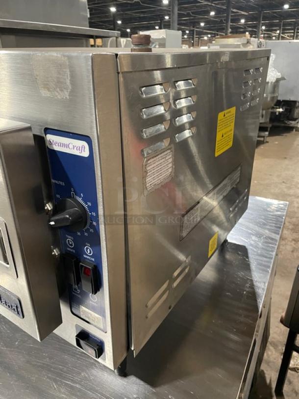 Cleveland Range SteamCraft 21CET8 stainless steel 3-pan convection steamer, 208V 3 phase, with pan rack, electric powered.