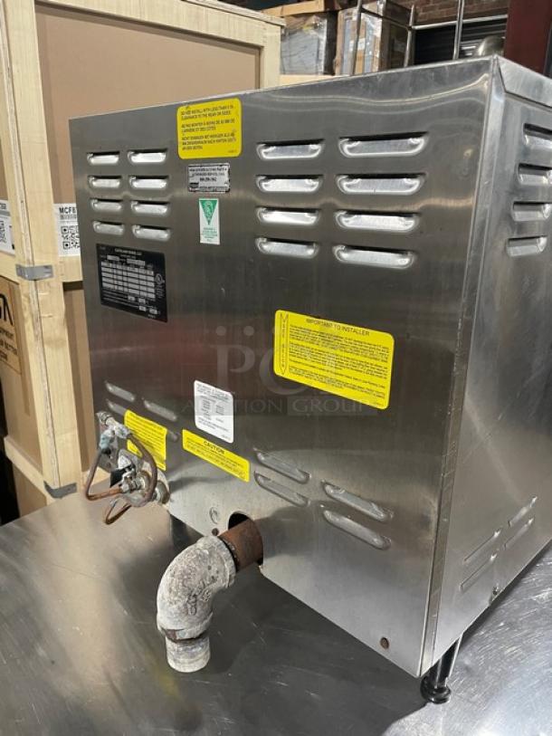 Cleveland Range 21CET8 Stainless Steel Electric 3-Pan Convection Steamer, Model 21CET8, 208V, with labels and connections visible.