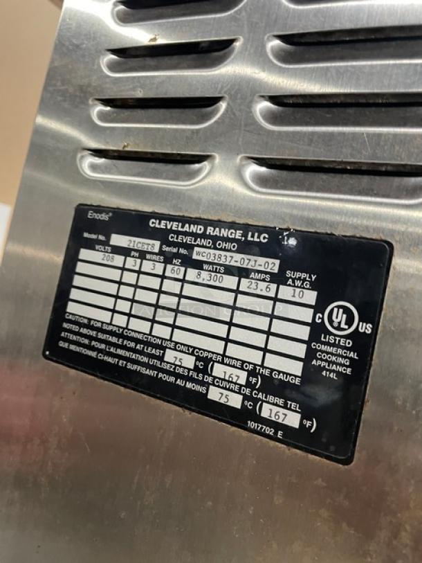 Cleveland Range 21CET8 Convection Steamer, Model 21CET8, SN WC03837-07J-02, 208V, 3 Phase, UL listed label visible.