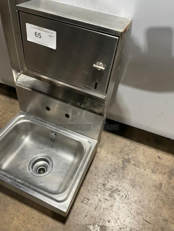 Advance Tabco stainless steel wall-mount hand sink with backsplash and built-in paper towel dispenser. Model features space-saving design.