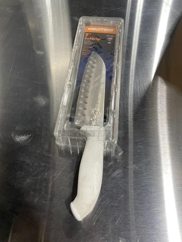 Brand new Dexter Russell 7" Santoku knife, model SG144-7GE-PCP, with white SofGrip handle in original packaging.